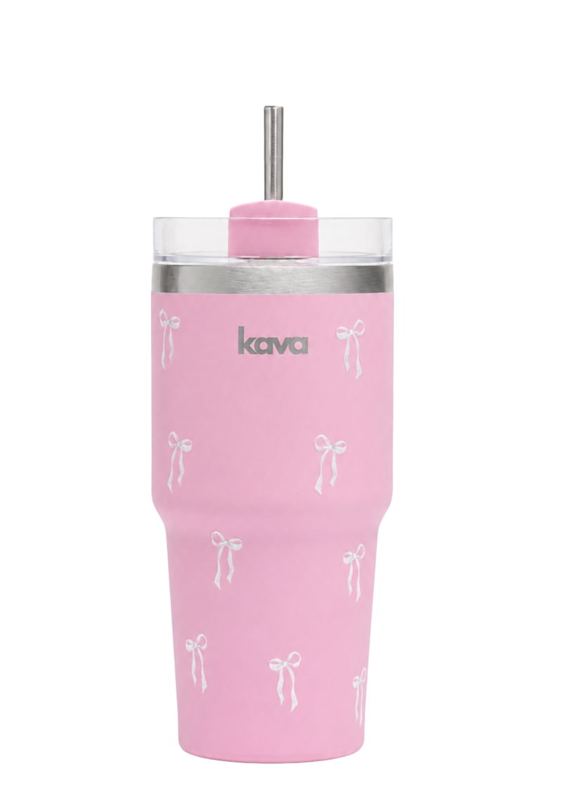 Kava Bow Mug, stainless steel coffee mug with bow print