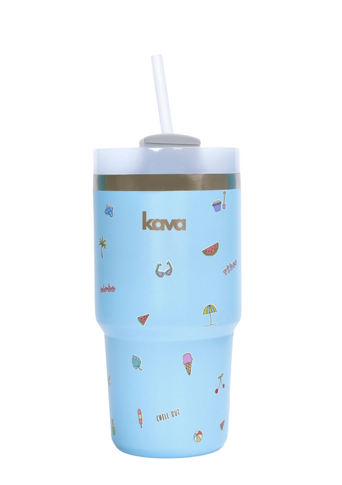 Kava Beach Mug, stainless steel coffee mug with beach print