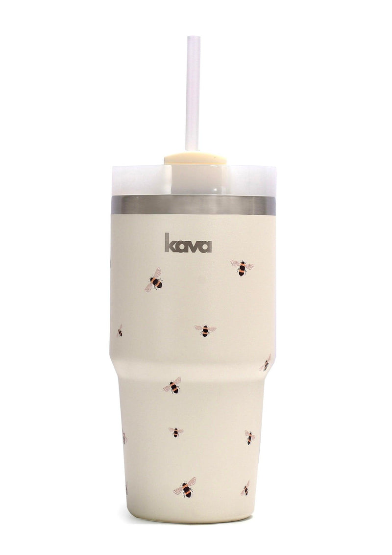 Kava Bees Mug, stainless steel coffee mug with bee print