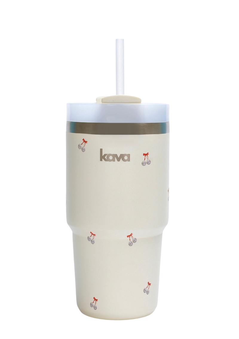 Kava Cherry Ball Mug, stainless steel coffee mug with cherry print