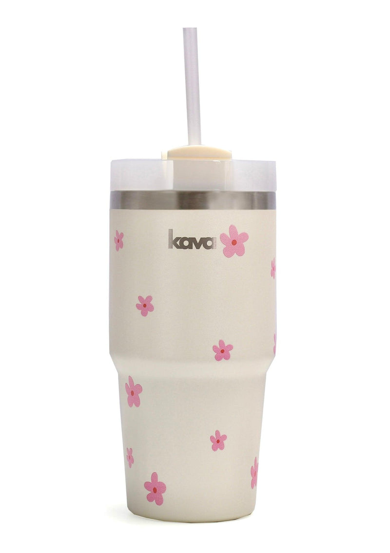 Kava Daisy Mug, stainless steel coffee mug with daisy print