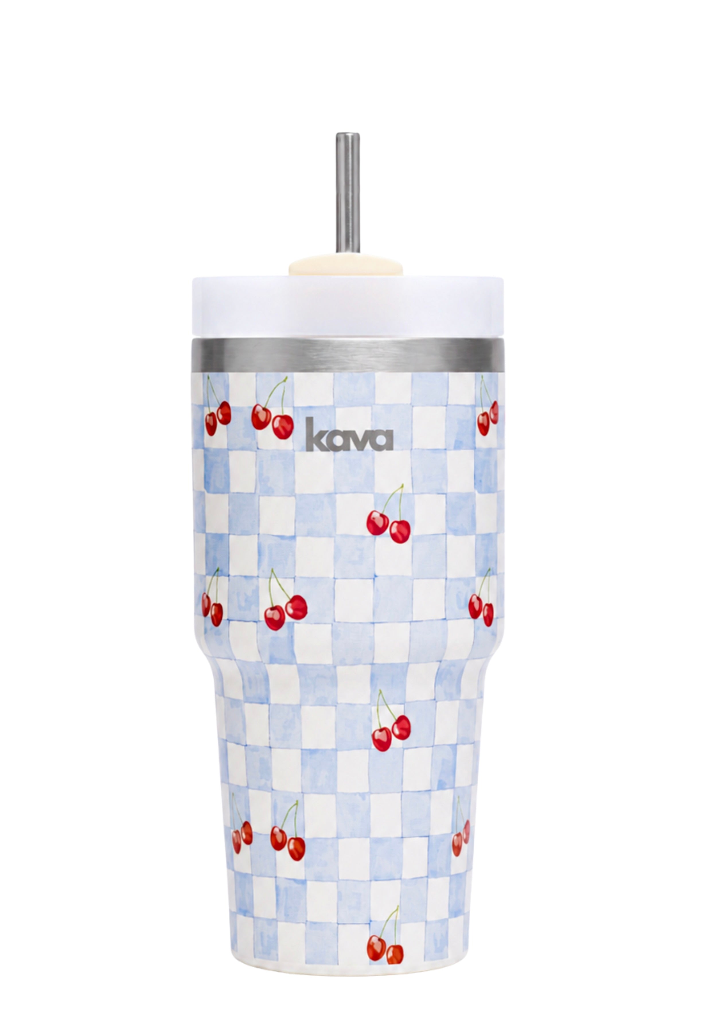Kava Sweet Cherry Mug, stainless steel coffee mug with cherry print