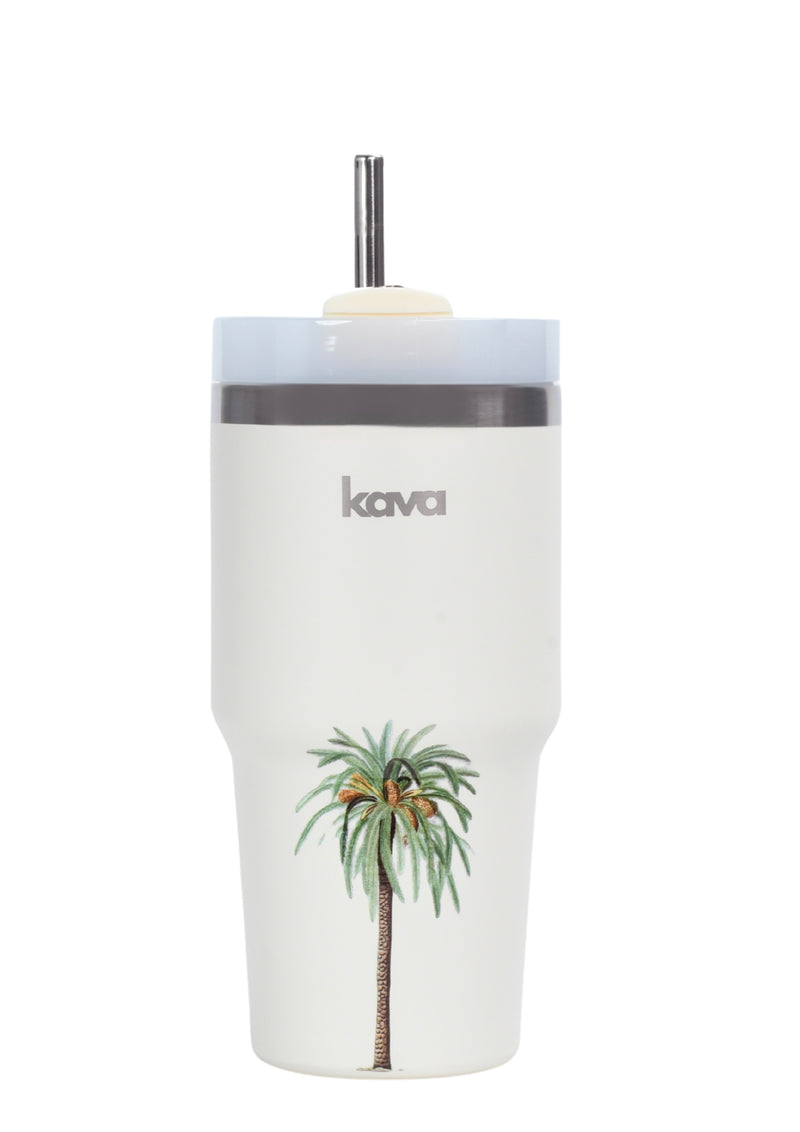 Kava Palm Mug, stainless steel coffee mug with tropical palm print
